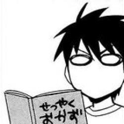 A young man drawn in a simplified manga style, sporting spiky short black hair, a white shirt, and holding a book. His eyes are purely white, as if to depict shock, annoyance, or the combination of both.